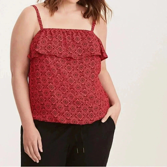 Torrid Red Black Ruffle Sleeveless Top Elastic at bottom 2X D48 - Picture 1 of 7